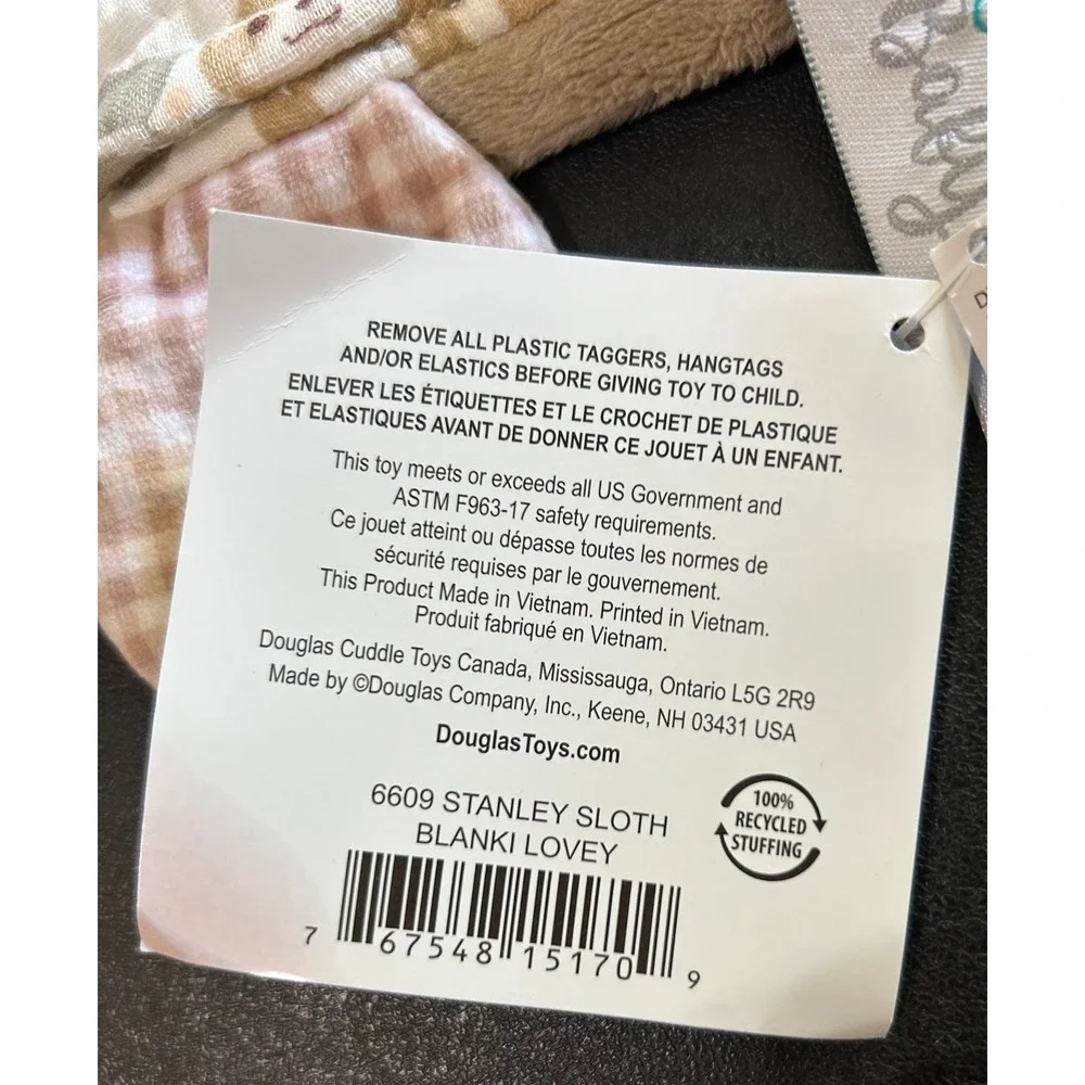 Douglas Baby Stanley Sloth Blanki Lovey White Brown Cotton Muslin Cuddly Blanket